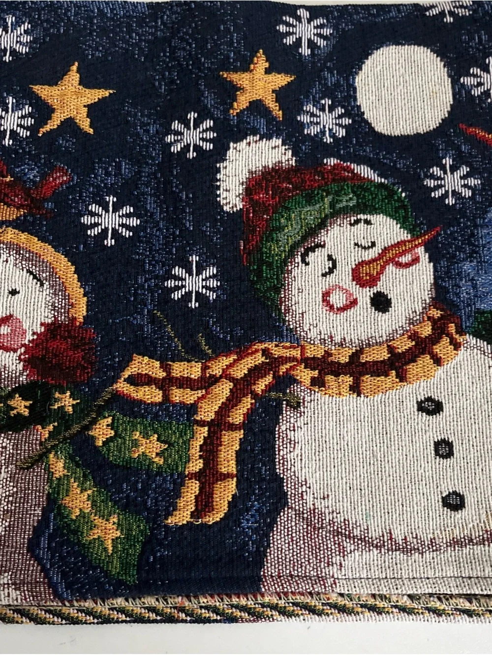 Tapestry Christmas Table Runner Christmas  Caroling Snowman Snowflakes 12”x66”